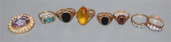 Seven assorted 9ct and gem set rings including five stone opal and a 9ct gem set brooch.